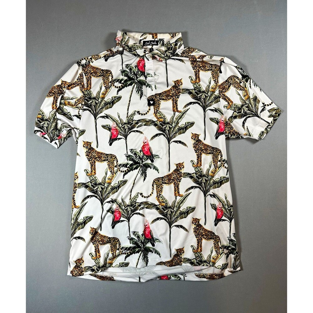 Bad Birdie Men's XL White Tropical Cheetah Animal Print Stretch Golf Polo